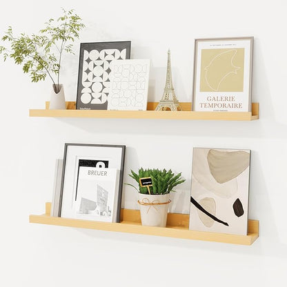 Picture Ledge Shelf, Solid Pine Wood Floating Shelves Set of 2, 24 Inches Nursery Book Shelves for Toys Storage, Kids Bookshelf Wall Mounted for Living Room Bedroom Decor Books Photo Frames, Natural