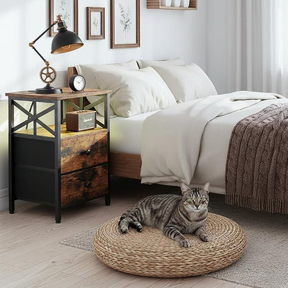 AMHANCIBLE Night Stand Set 2, LED Nightstand with Charging Station, End Tables Living Room with Fabric Drawers, Bed Side Table for Bedroom, Rustic Brown, HET052LBR