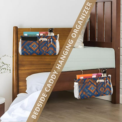 Bedside Caddy Hanging Bunk Bed Caddy Bed Organizer Hanging Pocket with 2 Hooks Bedside Storage Organizer Pocket Bag Holder Blue Orange Diamond Tie-dye