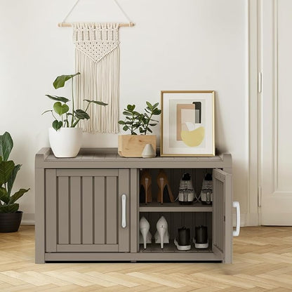 ROJIK Shoe Cabinet Storage Bench Indoor Outdoor, Waterproof UV-Resistant Resin Entryway Furniture with Adjustable Shelves for Hallway, Living Room and Bedroom (Double Door,Grey)