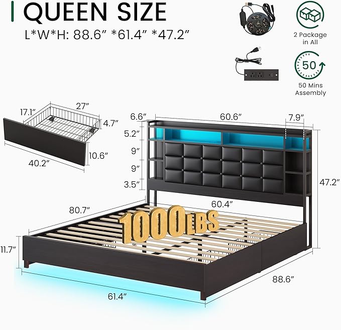 LARMACE Queen Size Bed Frame with 4 Storage Drawers and Bookcase Headboard, Faux Leather Upholstered, Wooden Platform Bed Frame with Charging Station and LED Lights, No Box Spring Needed, Black