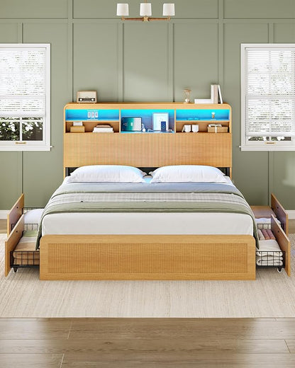 AOGLLATI Full Size Bed Frame with 4 Storage Drawers and Hidden Storage Headboard, Wood Led Fluted Bed Frame Full Size with Charging Station and Curved Profile Design, No Box Spring Needed, Wood