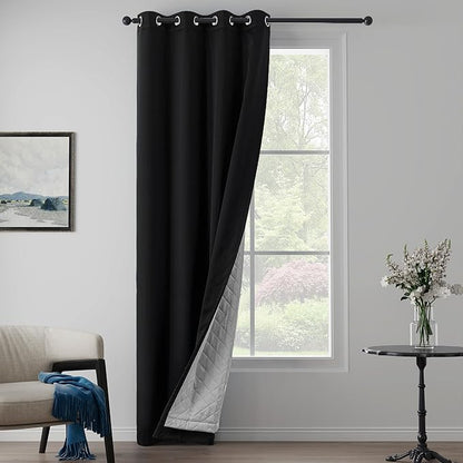 Black 3-in-1 Heavy Soundproof Curtains 100% Blackout Window Drapes Grommet Doorway Curtains Heat Insulating Winter Curtains for Bedroom Living Room (1 Panel, Black, 50" x 96")