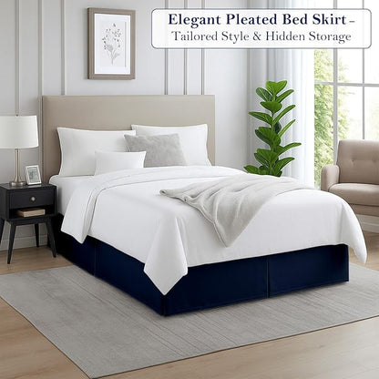 King Bed Skirt, Luxury 15 Inch Drop Navy Blue Pleated Bed Skirt, Double Brushed Microfiber, Box Pleat Design, Wrinkle & Fade Resistant, Easy Fit Tailored Bedskirt for King Size Beds