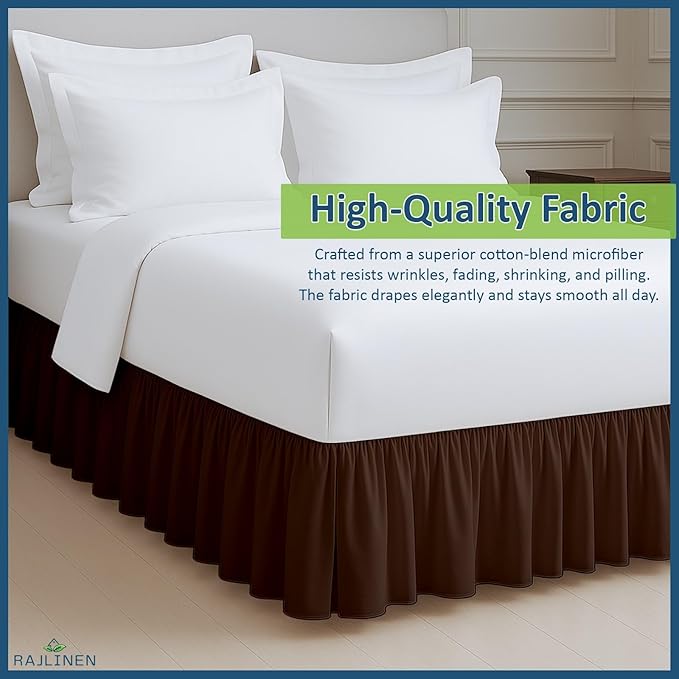 Rajlinen Ruffled Bed Skirt Full XL, 12 Inch Drop Dust Ruffle with Split Corners, 100% Microfiber Bedskirt with Platform, Three-Sided Coverage Ruffled Gathering Design, Chocolate