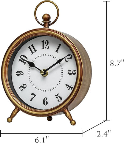 Small Gold Table and Shelf Desk Clock,Vintage Small Table Clock on Stand, Decorative Desk and Shelf Clock Farmhouse Mantel Non-Ticking Clock Rustic Metal Frame with Antique Gold Finish