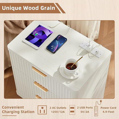 LEYAOYAO Fluted Dresser and Nightstand Sets, Wood 48" Wide Dresser & 23" Night Stand with Charging Station, 2 Piece Bedroom Furniture Set, Chest of Drawers for Bedroom,Living Room, Antique White