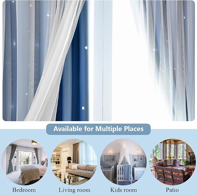 Star Blackout Curtains Double Layer Curtains Blackout Curtains for Bedroom Girls Kids Room Curtains Cute Colorful Window Nursery Curtain, 84 Inches Long, 2 Panels Set, Blue, 42 X 84 Inches