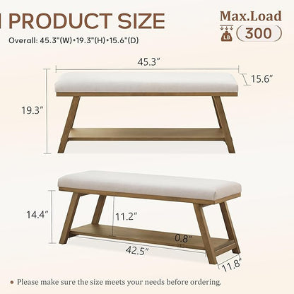 45" Entryway Bench Upholstered Storage Bench for Bedroom Shoe Rack Bench for Living Room, Hallway, Mudroom, Balcony, Sturdy Indoor Bench Seat Holds Up to 300 lbs (Beige)
