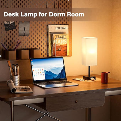White Bedside Lamps for Bedroom Set of 2 - Small Rectangular Nightstand Lamp with AC Outlet Charging Port, 3 Color Temperatures Desk Light with Bulb, Tabletop Reading Lamp for Living Room/Dorm/Office