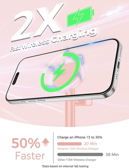 2025 3 in 1 Wireless Charging Station for Apple MagSafe Charger, 15W Fast Mag-Safe Charger Stand for iPhone 17 16 15 14 13 12 Apple Watch AirPods Compatible with MagSafe, Pink