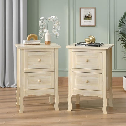 Bonnlo Nightstands Set of 2, Solid Wood Nightstand Unfinished for Color DIY, Small Night Stand for Bedroom, Natural Wood Nightstand with Drawers, Light Wood Nightstands, Real Wooden Bed Side Table