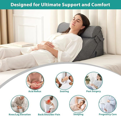 Bedluxe 3Pcs Orthopedic Bed Wedge Pillow Set, Foam Wedge Pillow Post Surgery for Back, Leg and Knee Support, Adjustable 9&12 Inch Folding Triangle Pillow for Sleeping, Acid Reflux, Snoring, Dark Grey