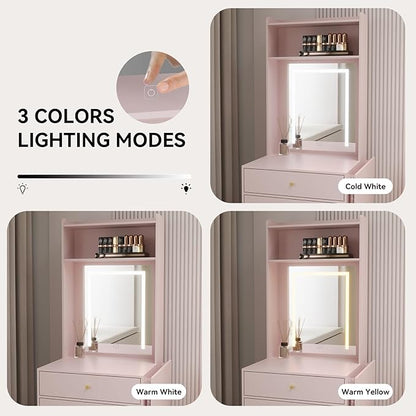 ARTETHYS Small Vanity Desk Set with 3 Adjustable Lighted Mirrors and Lights, Pink Makeup Vanities Set for Compact Space with Storage Stool White Dressing Table with Fold-up Panel for Bedroom