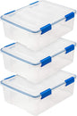 IRIS USA 26.5 Quart WEATHERPRO Plastic Storage Box with Durable Lid and Seal and Secure Latching Buckles, 3 Pack, Weathertight, Keep Pest Dust and Moisture Out, for Oversized Bulky Items, Clear/Blue