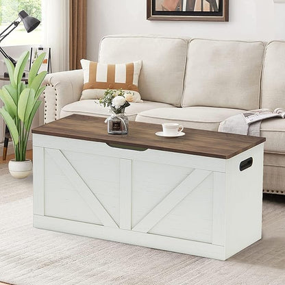 Timberer 39.4" Storage Chest, Wooden Storage Bench, Large Storage Trunk with 2 Safety Hinges, Entryway Shoes Bench for Living Room, Bedroom, Brown and Rustic White