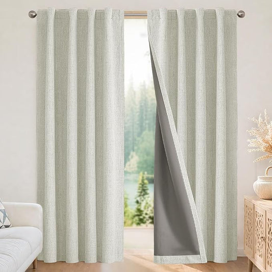 Joydeco Blackout Curtains for Bedroom - 100% Light Blocking 2 Panels Light Beige Drapes 66"W x 90"L, Thermal Insulated Room Darkening Curtains, Linen Textured for Living Room, Rod Pocket & Back Tabs