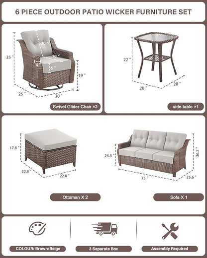 Belord High Back Outdoor Patio Furniture Set - Wicker Outdoor Swivel Rocker Patio Chairs with Sofa and Ottoman, All-Weather Patio Conversation Set for for Patio Deck Backyard