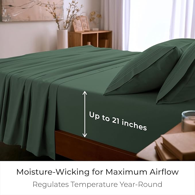Mellanni Queen Sheet Set - 6-Piece Iconic Collection Bedding, (Including 4 Pillowcases), 21-Inch Extra Deep Pocket, Easy Care, Ultra Soft, Cooling Sheets, Brushed Microfiber - Emerald Green
