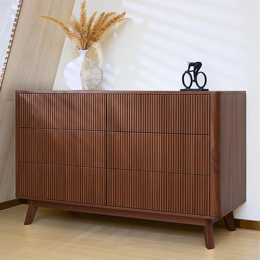Fluted 6 Drawers Dresser for Bedroom,52" Wide Handleless Chest of Drawers with Faux Marble Top, Wooden Dresser TV Stand, Wood Drawer Organizer for Living Room, Hallway, Walnut