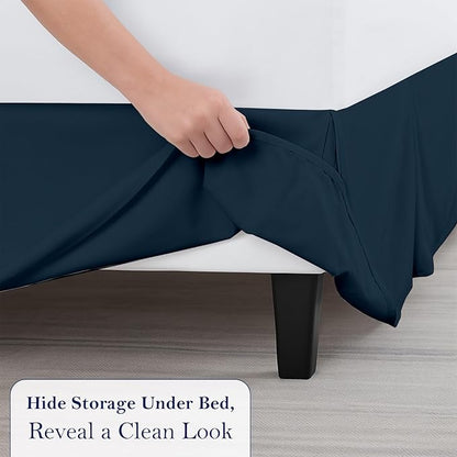 Queen Bed Skirt, Luxury 15 Inch Drop Navy Blue Pleated Bed Skirt, Double Brushed Microfiber, Box Pleat Design, Wrinkle & Fade Resistant, Easy Fit Tailored Bedskirt for Queen Size Beds