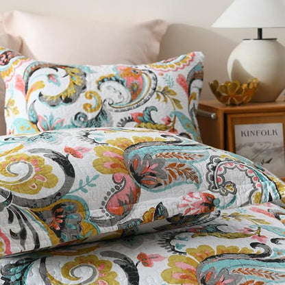 Cotton Bedspread Quilt Sets Reversible Bedding Coverlet Sets Comforter Paisley Floral Bedspread (White Paisley Floral, Queen Size)