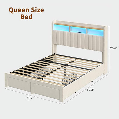 Queen Size Bed Frame with LED Light and Charging Station, Upholstered Bed Frame with 4 Drawers and 2-Tier Storage Headboard, Noise Free, Easy Assembly, Wooden Slats Support, No Box Spring Needed,White