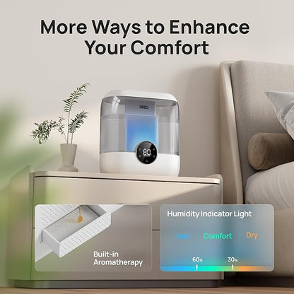 Dreo Smart Humidifiers for Bedroom, 6L Top Fill Supersized Cool Mist Humidifier for Large Room, 60 Hour Runtime, Quiet Ultrasonic Humidifiers for Plants, Baby, Nursery, Indoor, Home, Night Light, Gray