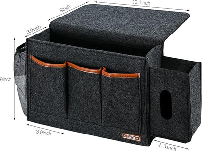 Bedside Caddy, Large Size Storage Organizer - Bedside Organizer for Magazine, Remotes, Phone (13.4'' x 18.1'' Tissue Box Holder, Dark Grey)