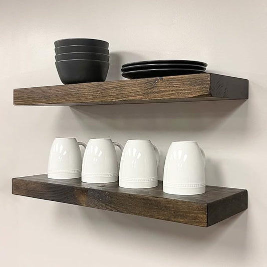 URBANDI, Rustic Floating Shelves, Set of 2, Hidden Bracket, Solid Wood, Heavy Duty, Wall Mounted Shelves, (Dark Brown, 24Wx6D)