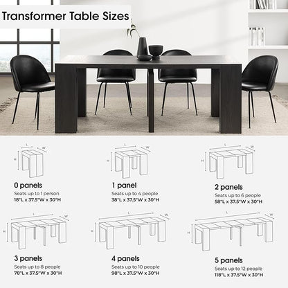 Transformer Table - Solid Wood Extendable Dining Table, Seats 2-12, Extendable Dining Room Table, Space-Saving Furniture, Expandable Dining Furniture (Black, Table + 4 Chairs)