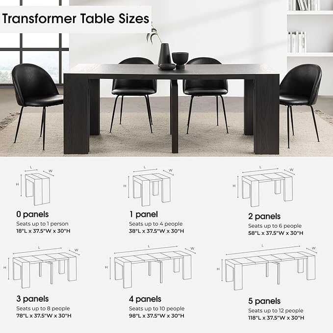 Transformer Table - Solid Wood Extendable Dining Table, Seats 2-12, Extendable Dining Room Table, Space-Saving Furniture, Expandable Dining Furniture, Black (Table Only)