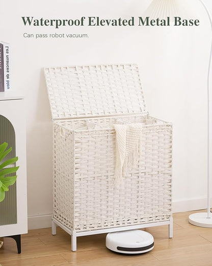 Laundry Hamper with Lid 132 L, (35 Gallons) Clothes Hamper with Lid, Handwoven Rattan Laundry Hamper with Metal Heightened Feet, Laundry Hampers with 3 Removable Liner Bags for Laundry-White