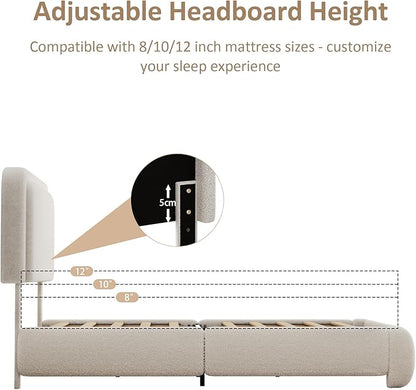 King Size Boucle Bed Frame, Upholstered Cloud Platform Bed Frame with Headboard, Anti-Collision Soft Rounded Corners, No Box Spring Required, Easy Assembly, Noise Free, Adjustable Headboard