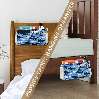 Bedside Caddy Hanging Bunk Bed Caddy Bed Organizer Hanging Pocket with 2 Hooks Bedside Storage Organizer Pocket Bag Holder Marine Bright Sky Blue Shark