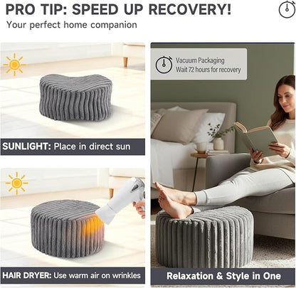 Tiita Round Stuffed Pouf Ottoman, Stripe Faux Fur Poufs with Foam Chunk Filling, Furry and Fluffy Pouf 21×21×12 inch Foot Stool Storage Ottoman,Puff Office Foot Rest for Couch Living Room, Grey