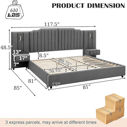 King Size Bed Frame with Storage, Luxury King Platform Bed Frame with Headboard, Velvet Fabric Upholstered Bedframe with LED Lights, Solid Frame & Bedside Table, No Box Spring Needed, Gray