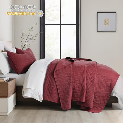 HORIMOTE HOME Burgundy Red Twin Size Quilt Set - Soft Microfiber Bedspread with 1 Sham, Lightweight & All-Season Geometric Coverlet for Cozy Bedding