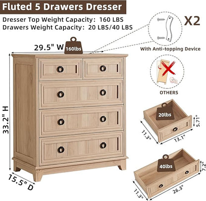 Farmhouse 5 Drawer Dresser for Bedroom, 33.2" Tall Small Dressers & Chest of Drawers, Rustic Wood Dresser with Metal Handle, Storage Organizer Closet for Living Room, Hallway, Entryway