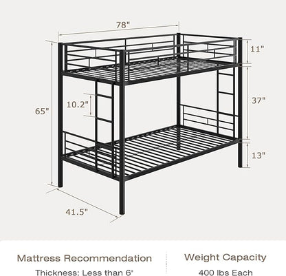 VECELO Bunk Bed Twin Over Twin, Metal Bunkbeds with Ladder and Full-Length Guardrail, No Box Spring Needed, Space Saving, Noise Free, Black