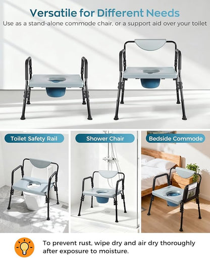 Bariatric Bedside Commode Chair - Heavy Duty 1000 Lbs Capacity - Extra-Wide Seat & Adjustable Height - 3 in 1 Steel Frame Over-The-Toilet Commode for Obese, Elderly & Disabled