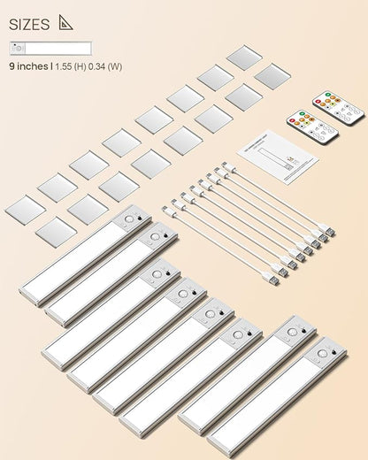 Under Cabinet Lights with Remote Control, USB Rechargeable LED Motion Sensor Light Indoor, Magnetic Wireless Under Counter Lights, 3 Color Dimmable Closet Lights for Kitchen,Cabinet,Bedroom, 8 Pack