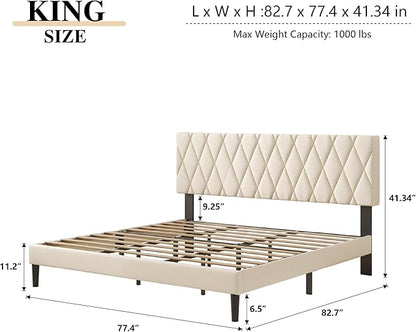 King Size Bed Frame with Diamond Tufted Headboard, Velvet Upholstered Platform Bed and Wooden Slat Support, Noise-Free, No Box Spring Needed, Easy Assembly, Beige