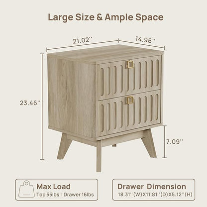 SICOTAS Modern Fluted Nightstand with 2 Drawers, 21" Wide Wood Bedside Table with Gold Handle, Mid-Century End Table for Bedroom, Apartment