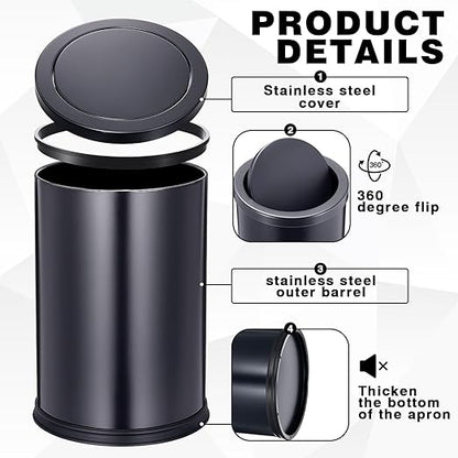 Maxdot 2 Pcs Black Bathroom Trash Can with Flipping Lid 2.4 Gallon/9 L and Toilet Brush Set, Small Stainless Steel Garbage Trash Can Toilet Cleaner Brush Wastebasket Bin for Bathroom Bedroom Office