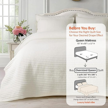 KASENTEX Oversized Queen Quilt Set 102"x106" – Soft Washed 3-Layer Lightweight Bedspread, Minimalist Nordic Design, All-Season Spring & Summer Quilt Set (1 Quilt + 2 Pillow Shams),Cream White