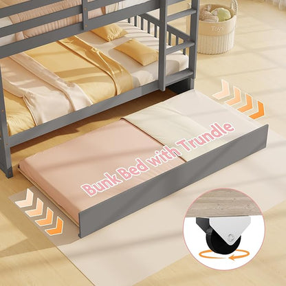 KOMFOTT Wood Full Over Full Bunk Bed with Trundle, Wooden Bed Frame with Ladder, Solid Wood Frame & Safety Guardrails, Space-Saving Bunk Bed for Teens & Adults, No Box Spring Needed
