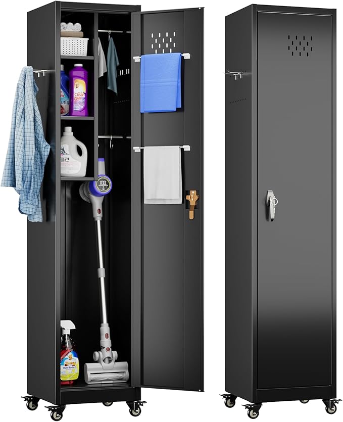 15.75 in Wide Garage Storage Cabinet, Metal Storage Cabinet with Wheels and 2 Adjustable Shelves for Home Offices, Gyms and Pantries, Black
