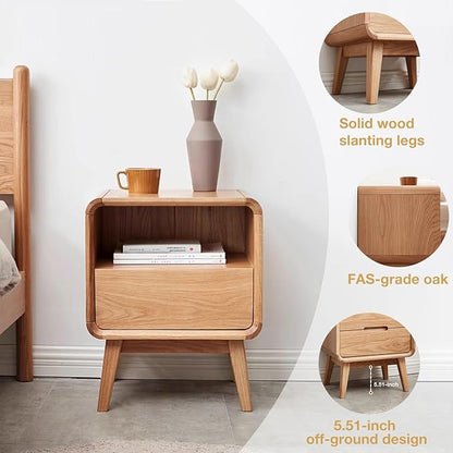 100% Solid Oak Wood Nightstand, Natural Wood Nightstand with Drawer Open Shelf, Mid Century Modern Night Stand, Small Side End Tables, Oak Bedside Table for Bedroom(16.54" Wx13.78 Dx20.47 H)