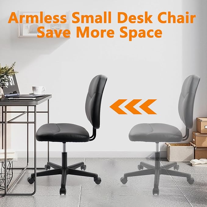 CLATINA Armless Home Office Chair, Small PU Leather Ergonomic Low Back Desk Chair with Lumbar Support and Wheels, Adjustable Height 360° Swivel Rolling Computer Task Chair, Black, 6 Pack
